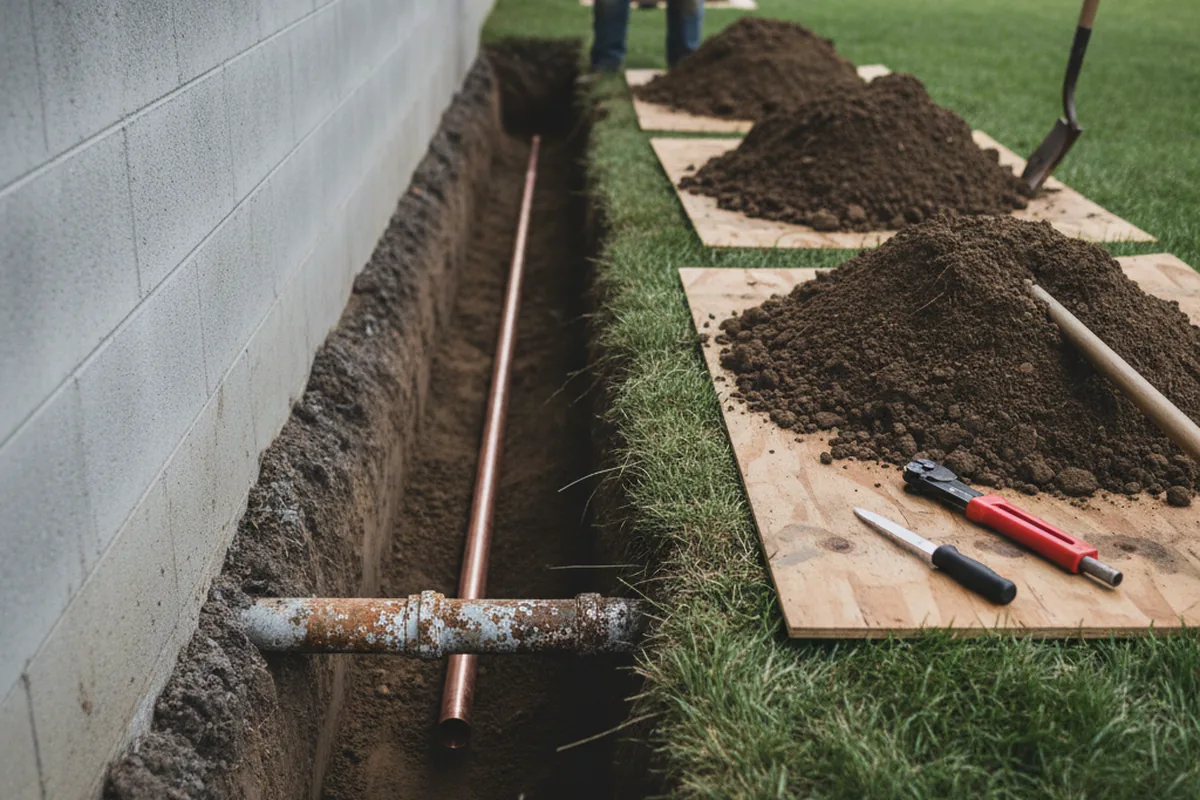 Excavated water line trench during Water Softener Installation in Taneytown